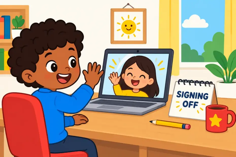 A cartoon child waves to a small screen at the end of a video call, showing sign off in a sentence as closing a message.