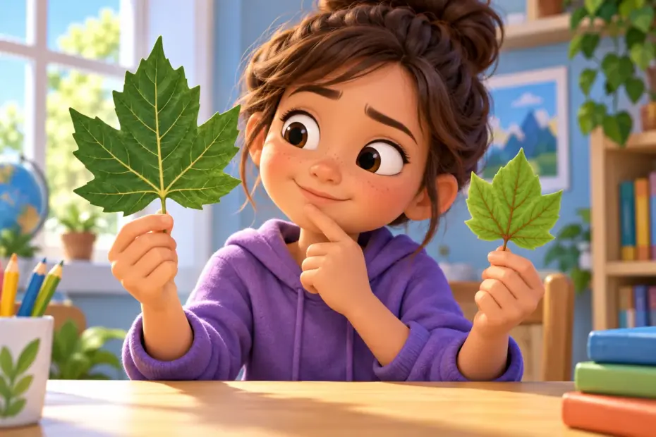 A student compares two leaf shapes and notices that their outlines are similar but not identical.