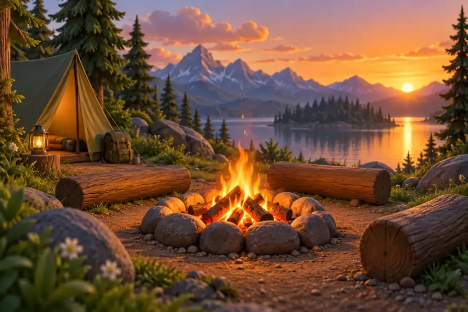 A contained campfire glows in a stone fire ring.