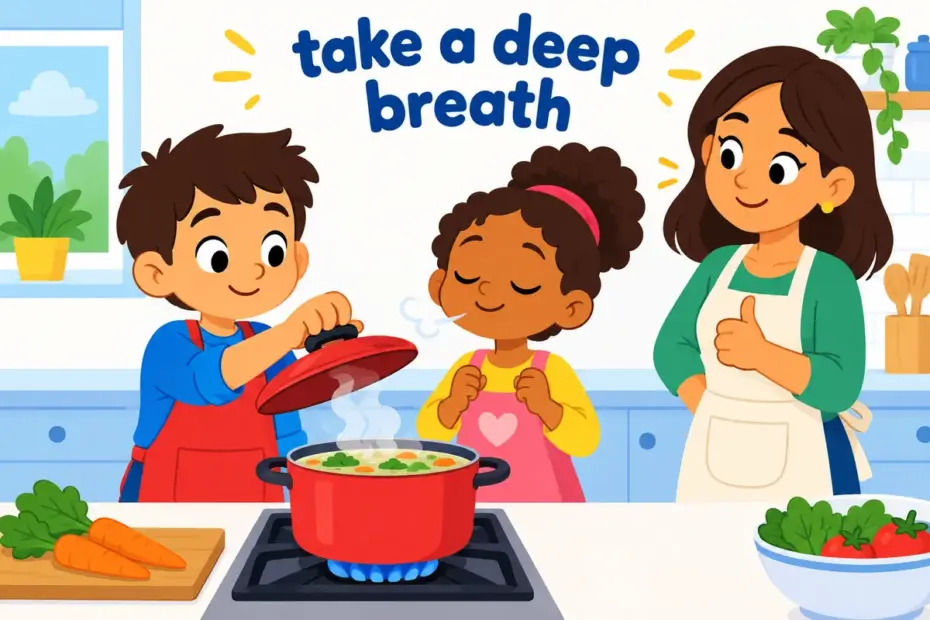 Cartoon children cooling a bubbling pot and their own tempers show what it means to simmer down.