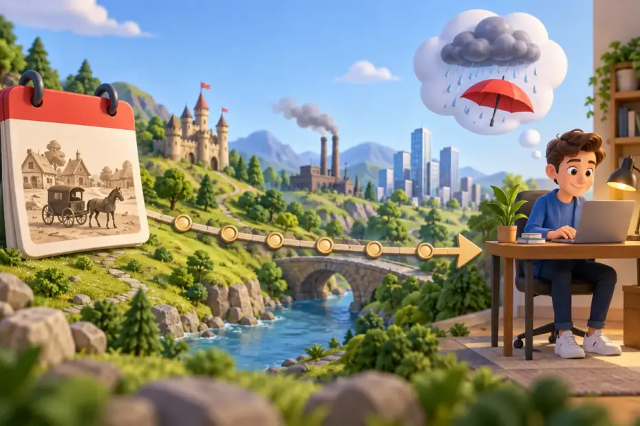A timeline connects a past starting point to the present, alongside a weather reason cue.