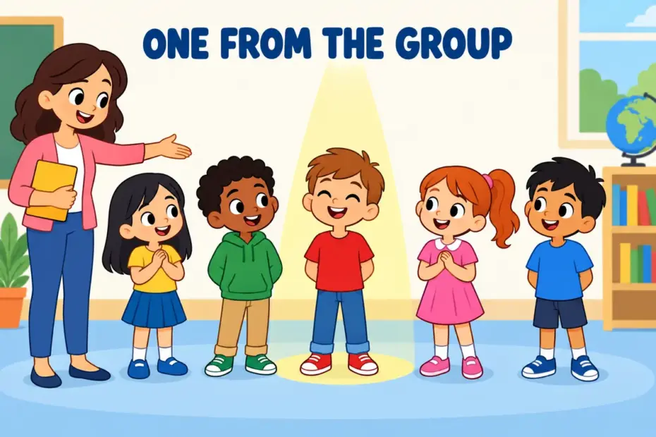 A cartoon teacher points to one child in a row of pupils, showing single out in a sentence as choosing one from a group.