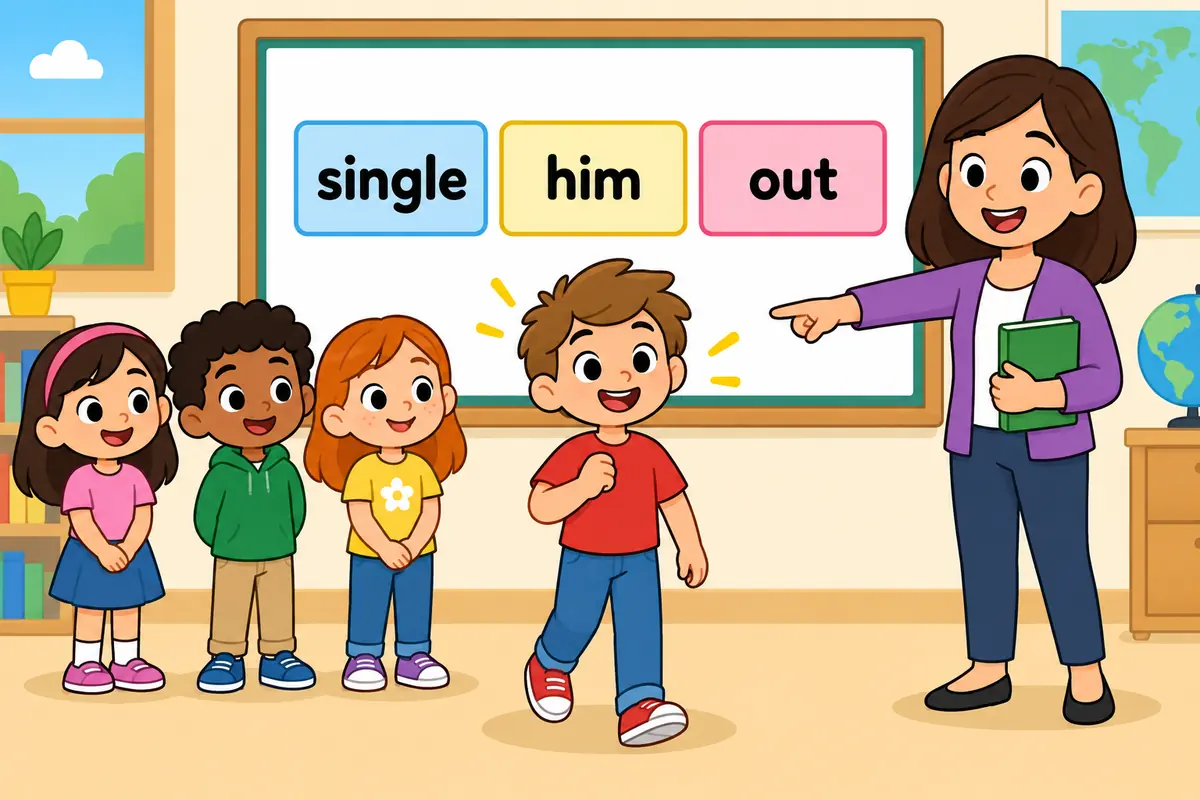 A cartoon teacher gestures to one child standing in a row of pupils, showing single out in a sentence within a group.