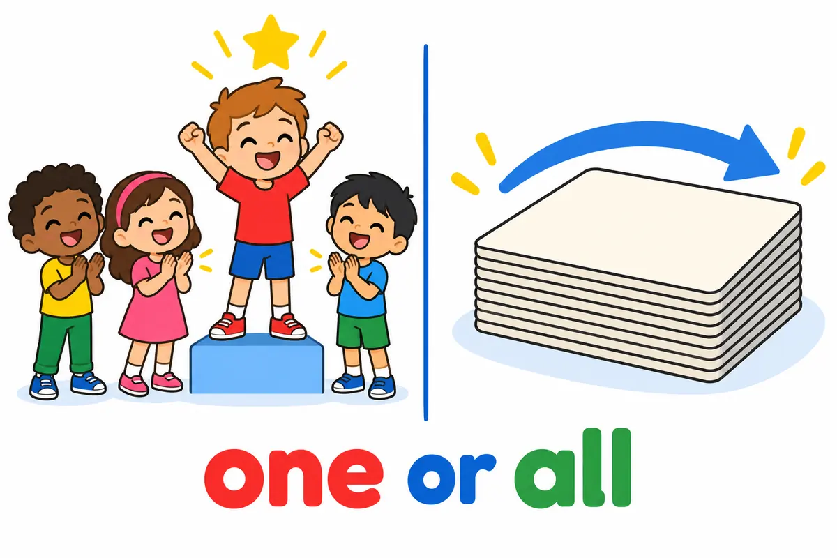 A cartoon split scene contrasts one highlighted child with a row of identical cards, showing singled out against lumped together.