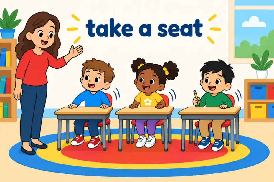 Cartoon pupils lower onto classroom chairs at a signal, showing sit down in a sentence as the action of taking a seat.