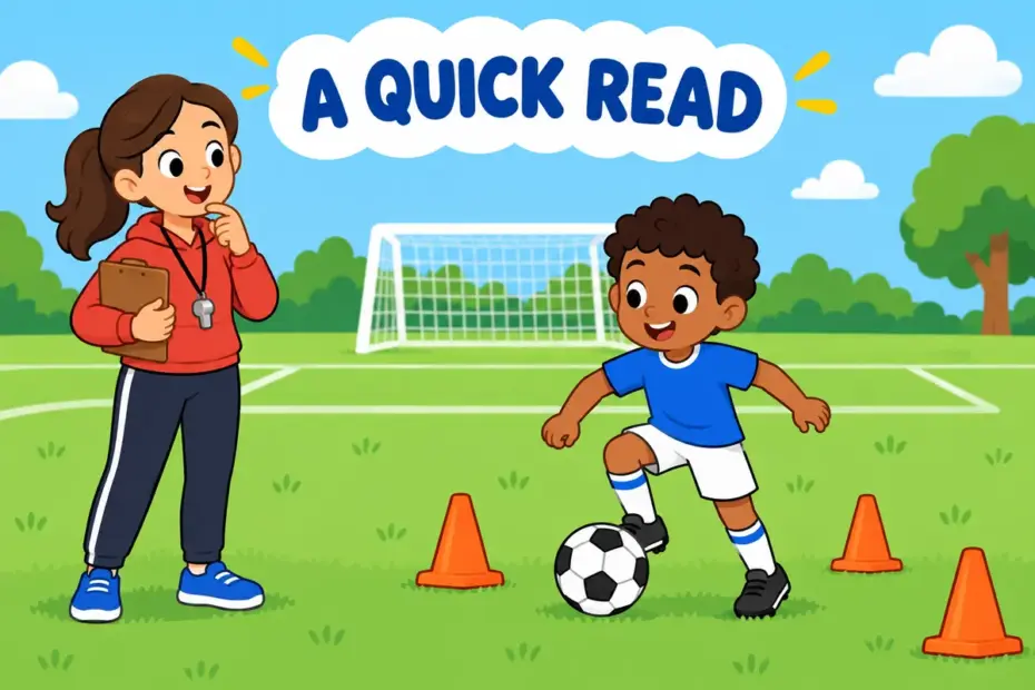 A cartoon coach studies a player from the sideline, showing size up in a sentence as reading someone before acting.