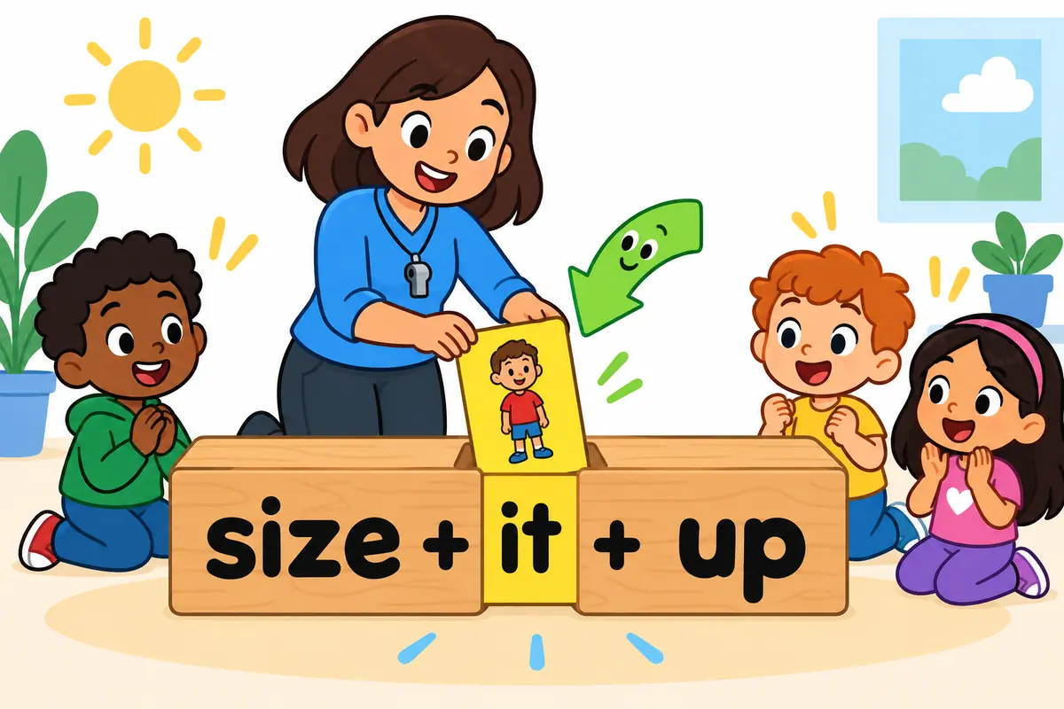 A cartoon coach moves a pronoun card into the gap between size and up to show that the phrasal verb is separable.