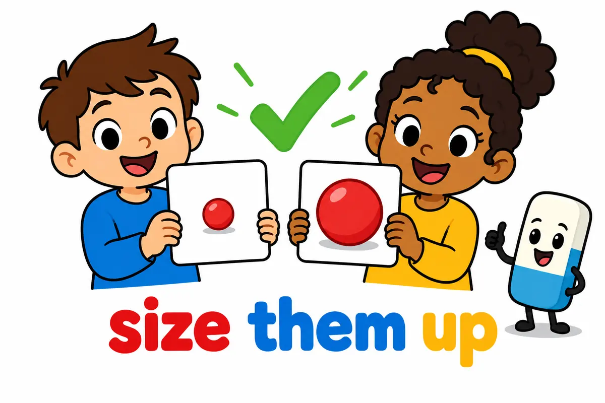 A cartoon scene shows the two correct ways to place an object around the verb size and its particle up.