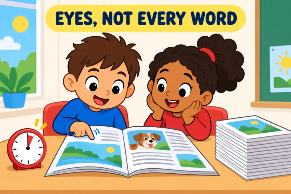 Cartoon pupils skim through a long magazine, showing skim through in a sentence as reading quickly for the main points.