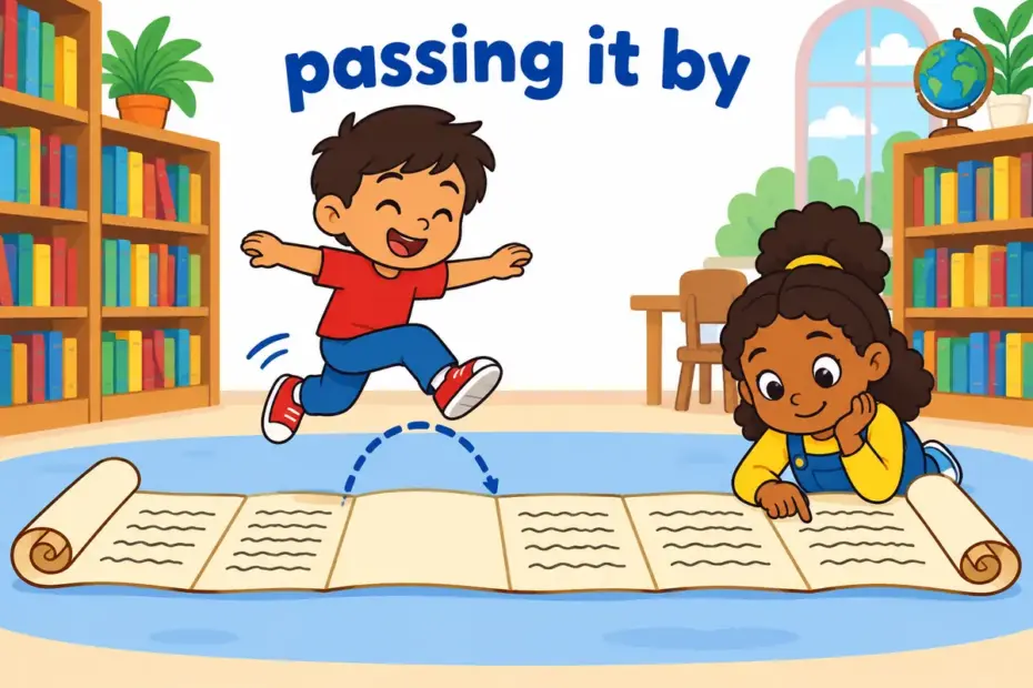 Cartoon children read a long scroll and hop over a paragraph, teaching skip over in a sentence as passing by text.