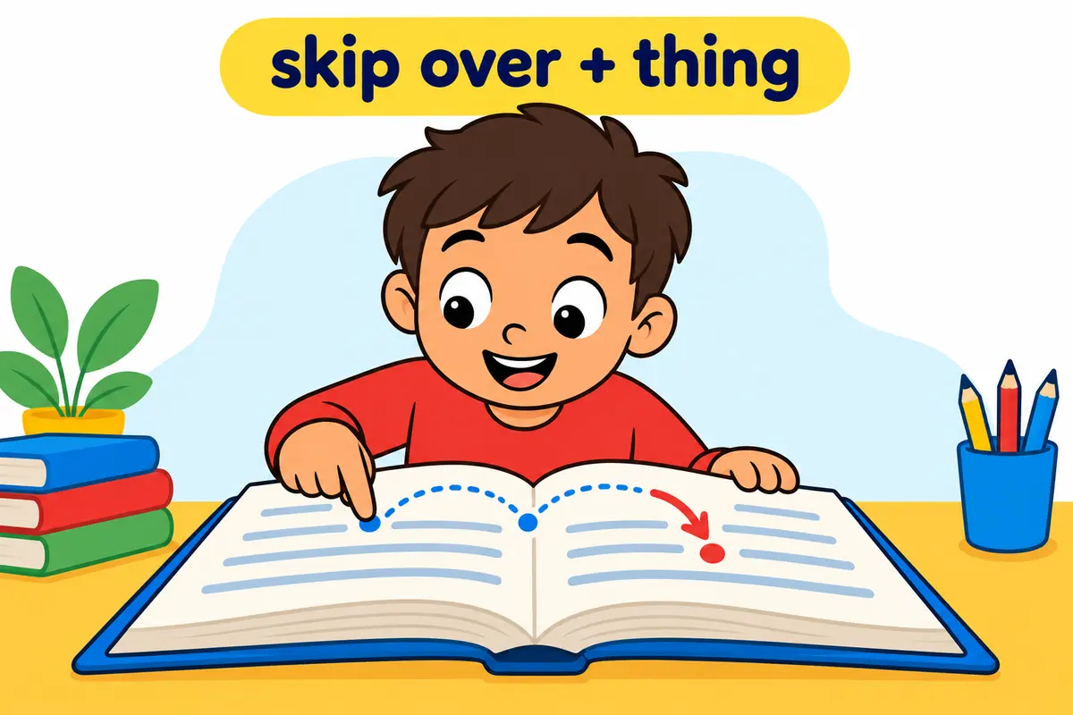 A cartoon shows the eyes of a reader gliding across lines of a page while a finger follows, illustrating skip over.