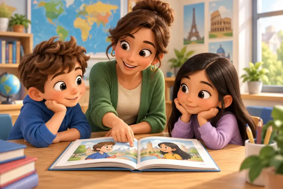 A teacher explains language in a story to students.