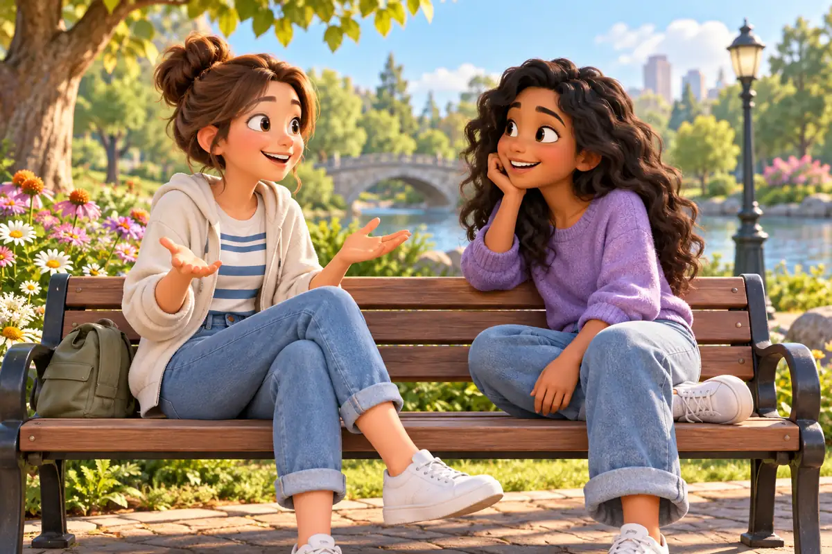 Friends chat casually on a park bench.
