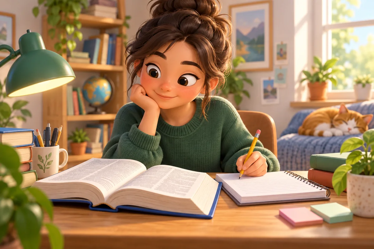 A student checks vocabulary while revising a draft.