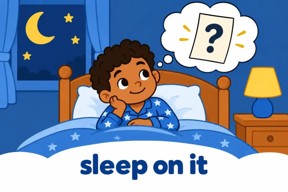 Cartoon child lies in bed thinking about a paper labelled with a question mark, illustrating sleep on in a sentence as a night to decide.