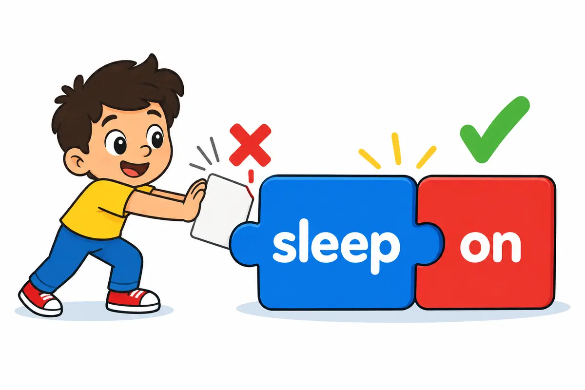 Cartoon cards show the words sleep and on locked together while the word it slots after on, blocked from the middle.
