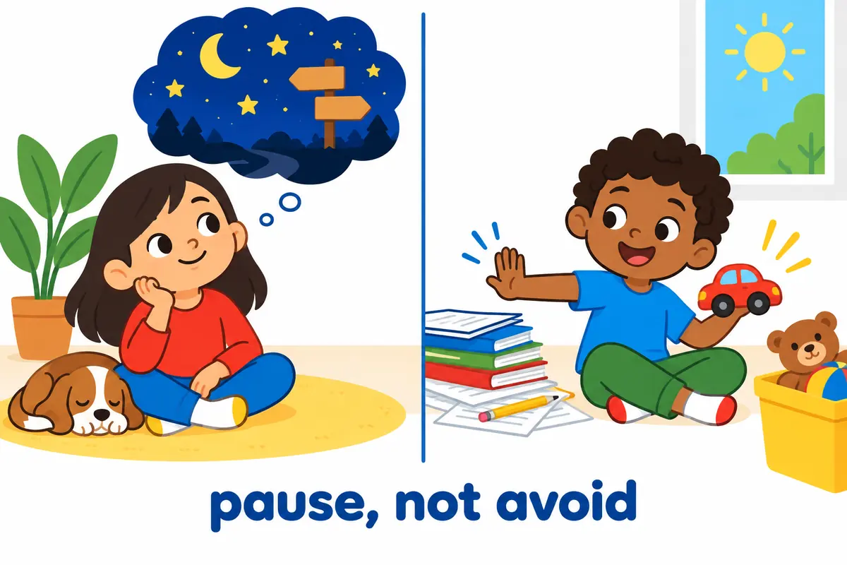 A cartoon split scene contrasts a calm child considering a decision overnight with a distracted child putting off homework.