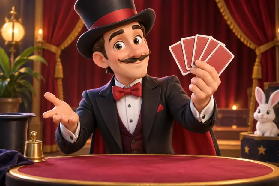 A performer holds playing cards with blank backs above a table.