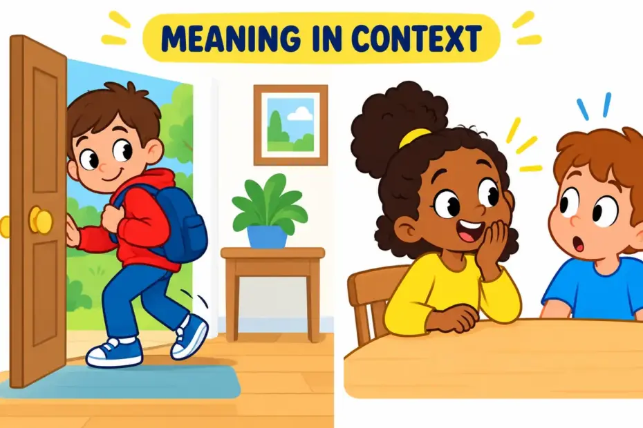 A cartoon scene shows slip out in a sentence through an everyday action that makes its meaning clear.