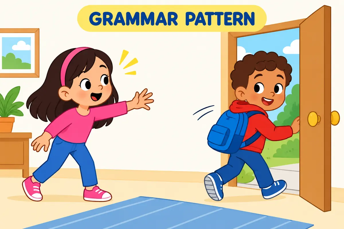 A cartoon scene illustrates the grammar of slip out in a familiar everyday situation.