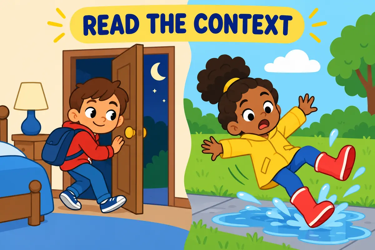 A cartoon comparison shows two contexts that clarify the meaning of slip out.
