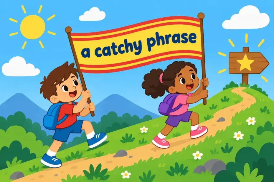 Cartoon children hold a banner and march up a hill, showing slogan vs slog on as a naming noun against an action verb.