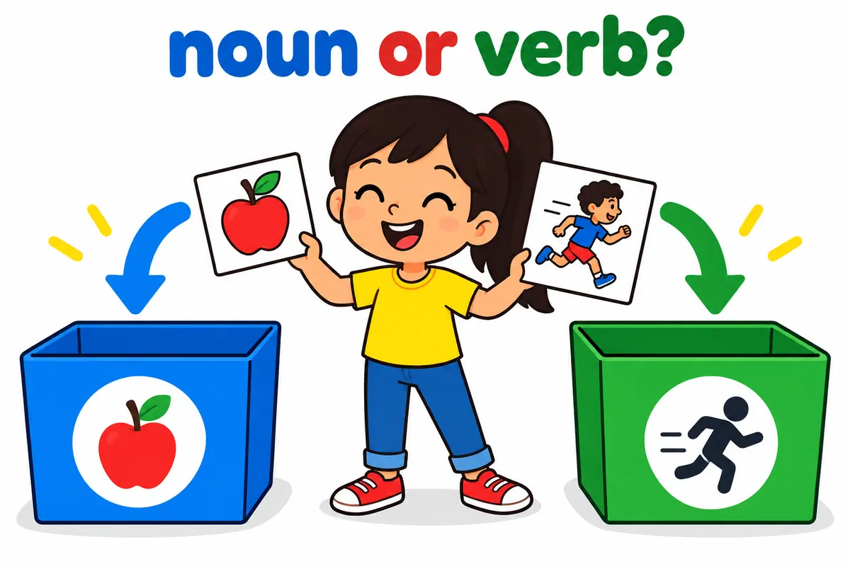 A cartoon pupil sorts two picture cards into labelled noun and verb boxes, showing whether slogan or slog on fits the sentence slot.