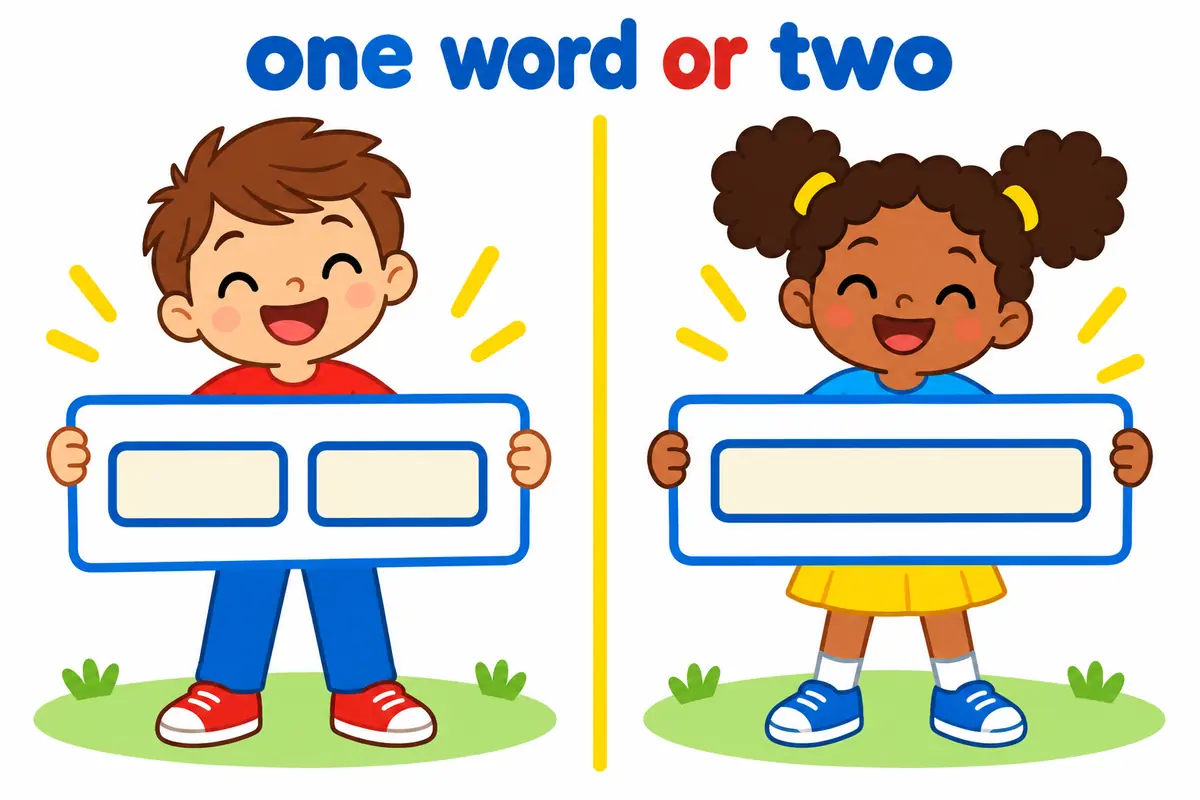 A cartoon child holds two banners, one with a visible gap between words and one joined, contrasting slog on with slogan.