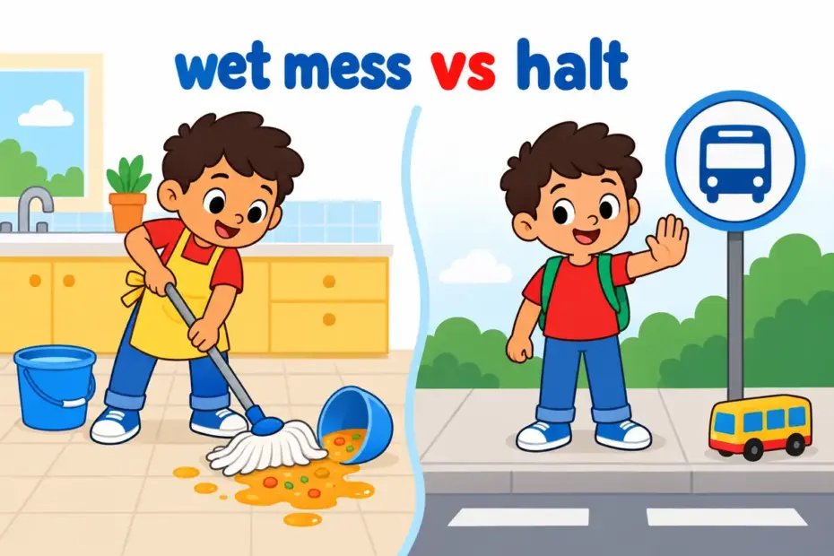 A cartoon child mops spilled soup beside a bus sign, showing slop vs stop as a spilled substance against a command to halt.