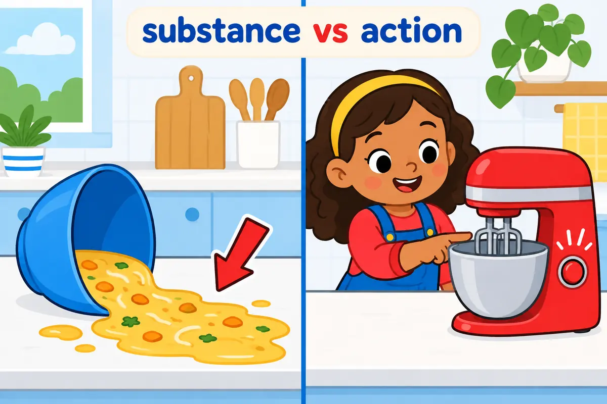 A cartoon kitchen counter split in two: a tipped bowl spills soup on one side while a child presses a stop button on a mixer on the other.