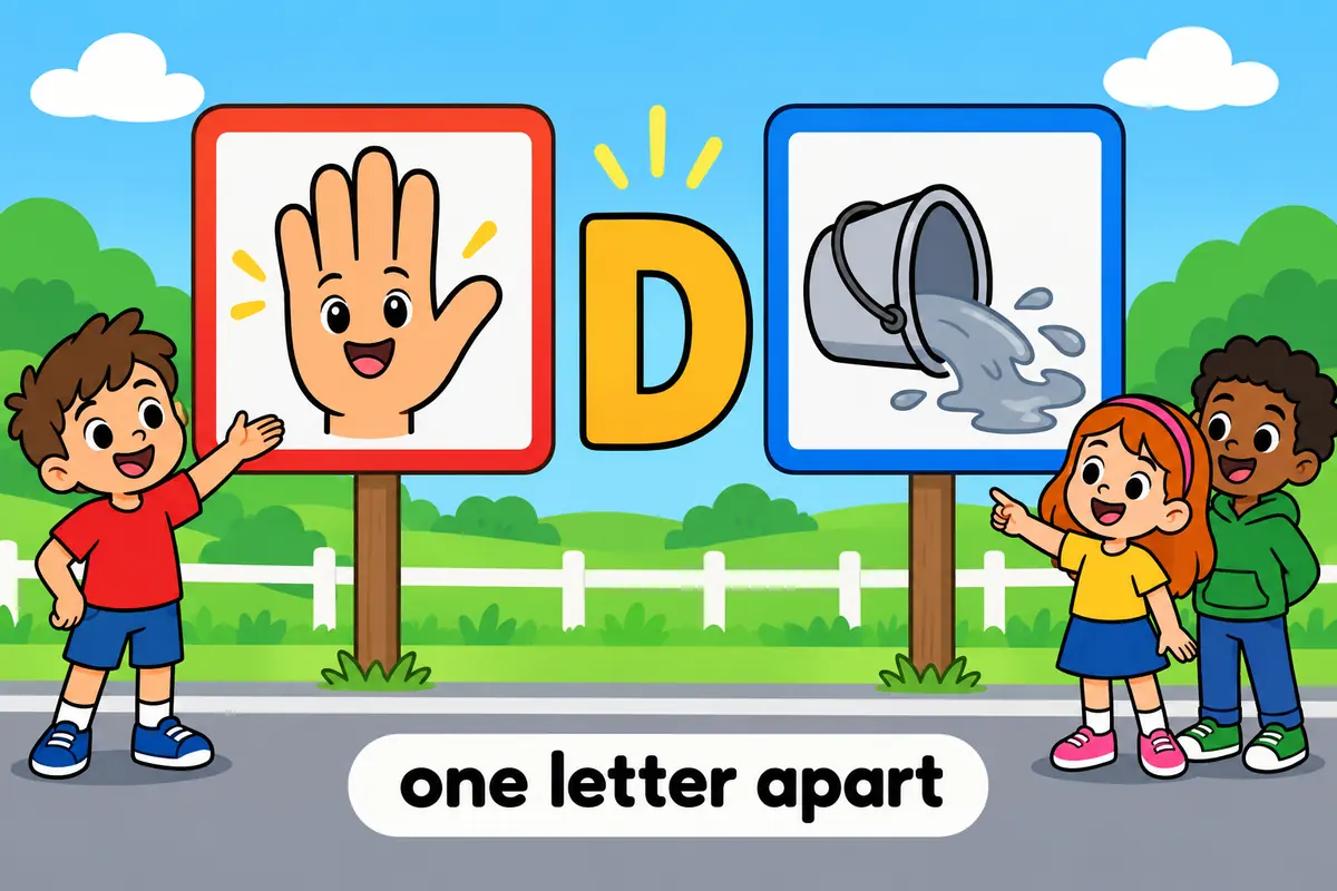 Two cartoon road signs: one shows an octagon with a raised hand, the other a bucket tipping out water, contrasting stop and slop.