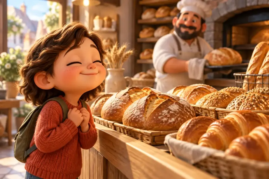 A child notices fresh bread in a bakery.
