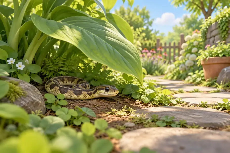 A small patterned garden snake rests beneath a leaf beside a garden path.