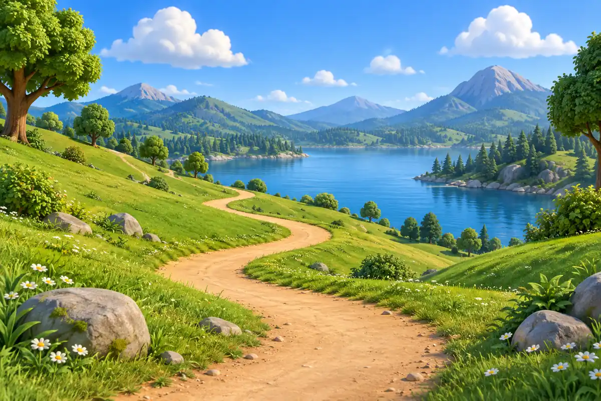 A winding path curves through green hills toward a distant lake.