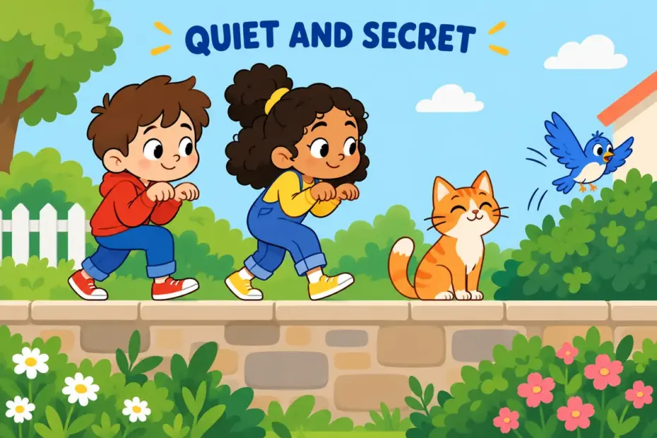 Cartoon children tiptoe along a wall while a cat watches, showing sneak around in a sentence as moving quietly to stay unseen.