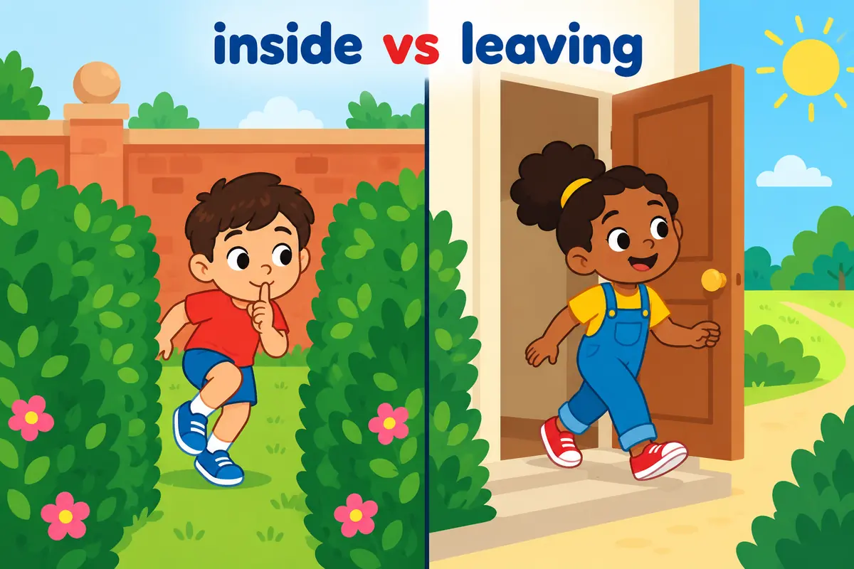 A cartoon split scene contrasts a child creeping within a walled garden with a child quietly slipping through a doorway out.