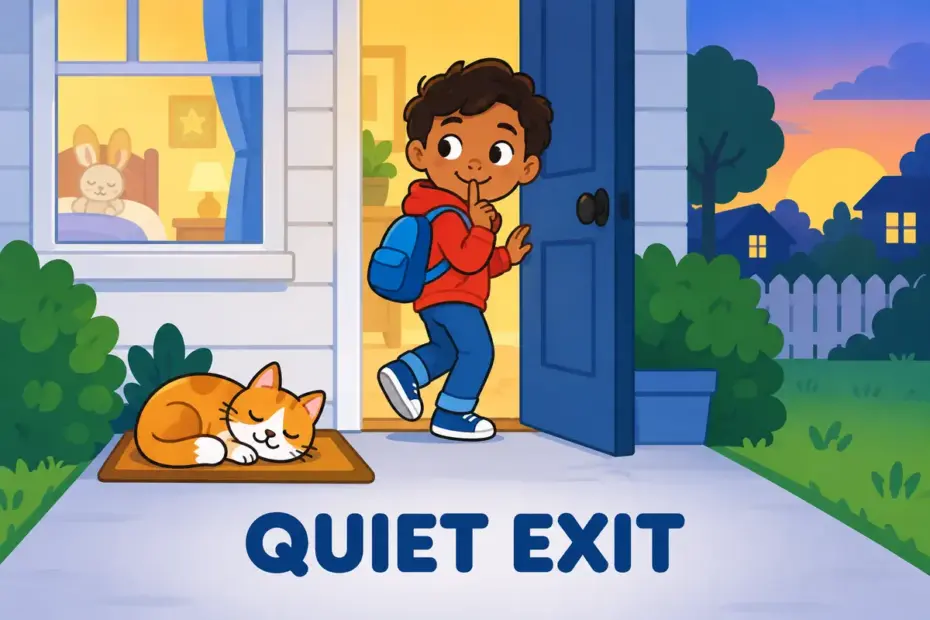 A cartoon child tiptoes out of a house door at dusk with a finger to their lips, showing sneak out in a sentence as a secret exit.