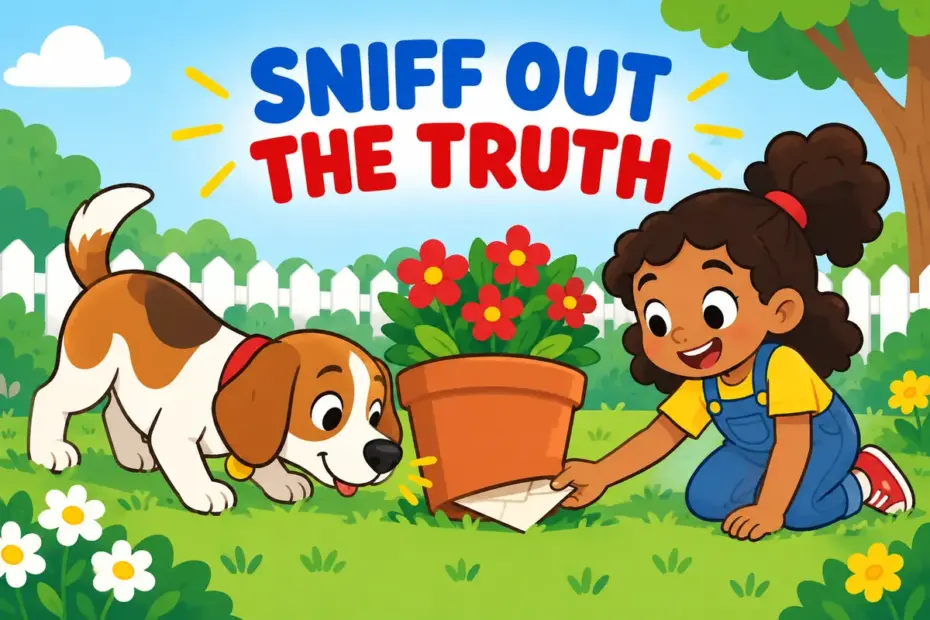 A cartoon dog leads a child to a hidden letter, illustrating sniff out in a sentence as discovering something concealed.