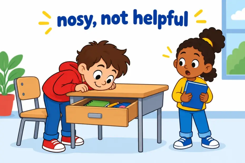 Cartoon child peeks into a drawer while a friend watches, showing snoop around in a sentence as prying.