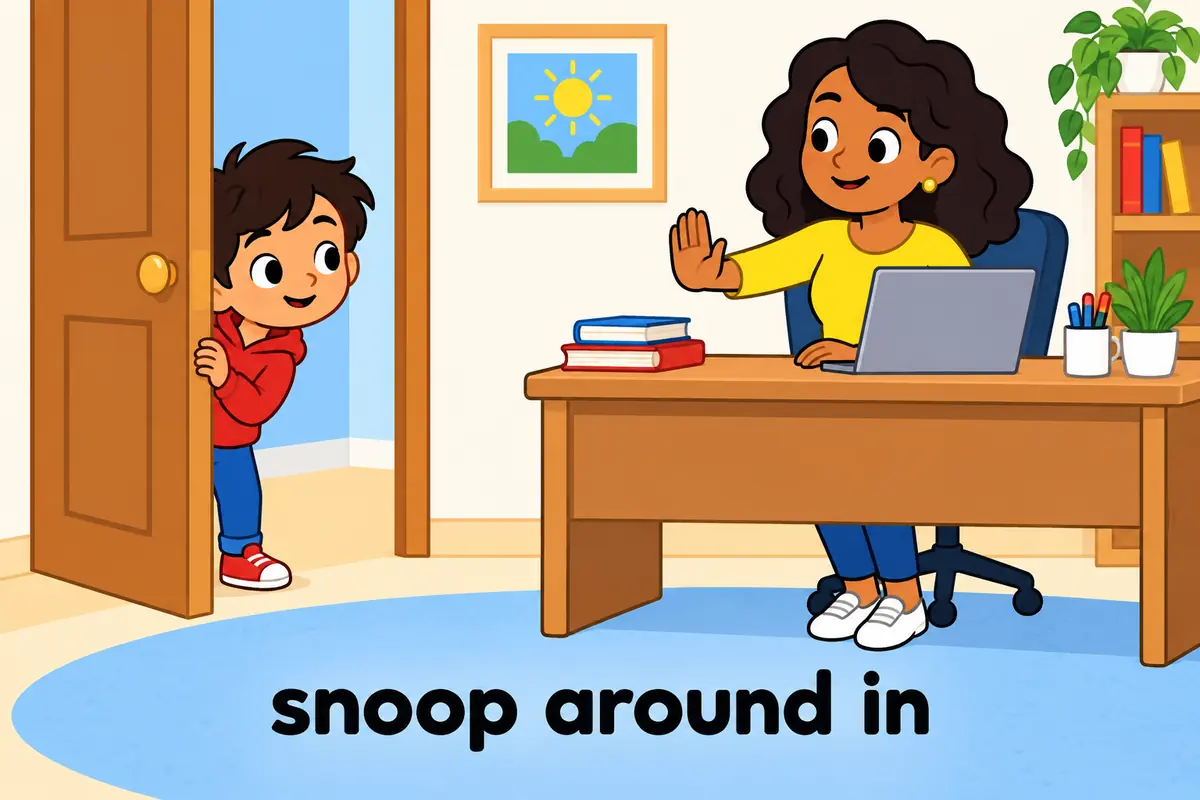 A cartoon child peeks through a doorway into a room where a bag lies open on a desk.