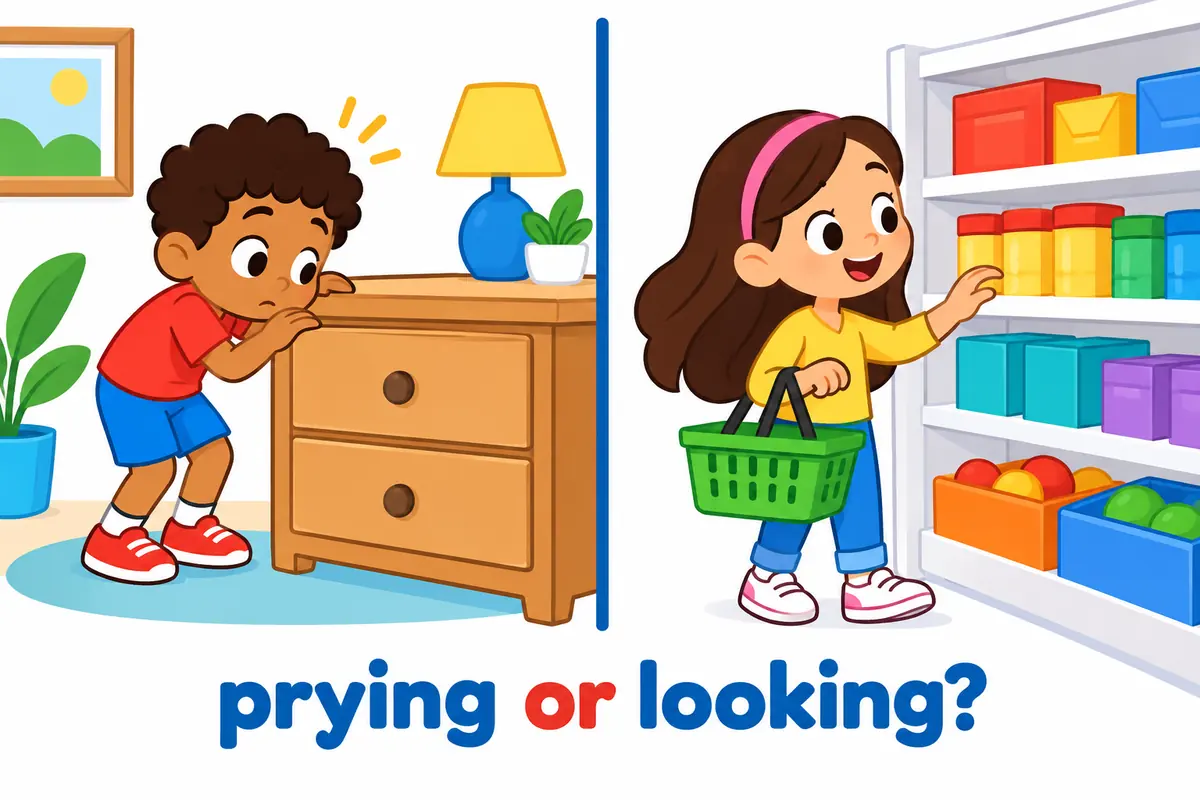 A cartoon split scene contrasts a curious child peering into a drawer with a shopper browsing shelves.