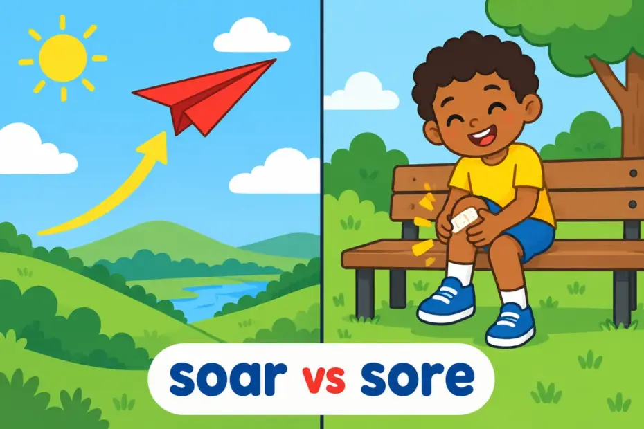 A cartoon split scene contrasts a glider soaring above hills with a child holding a sore knee, illustrating soar vs sore.
