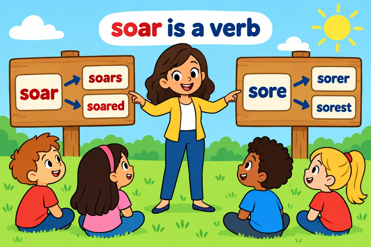 Cartoon cards show soar changing to soared and sore changing to sorer, each labelled with its part of speech.