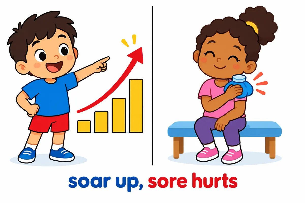 Cartoon split scene contrasts a rising price chart labelled with an upward arrow against a child rubbing a sore shoulder.