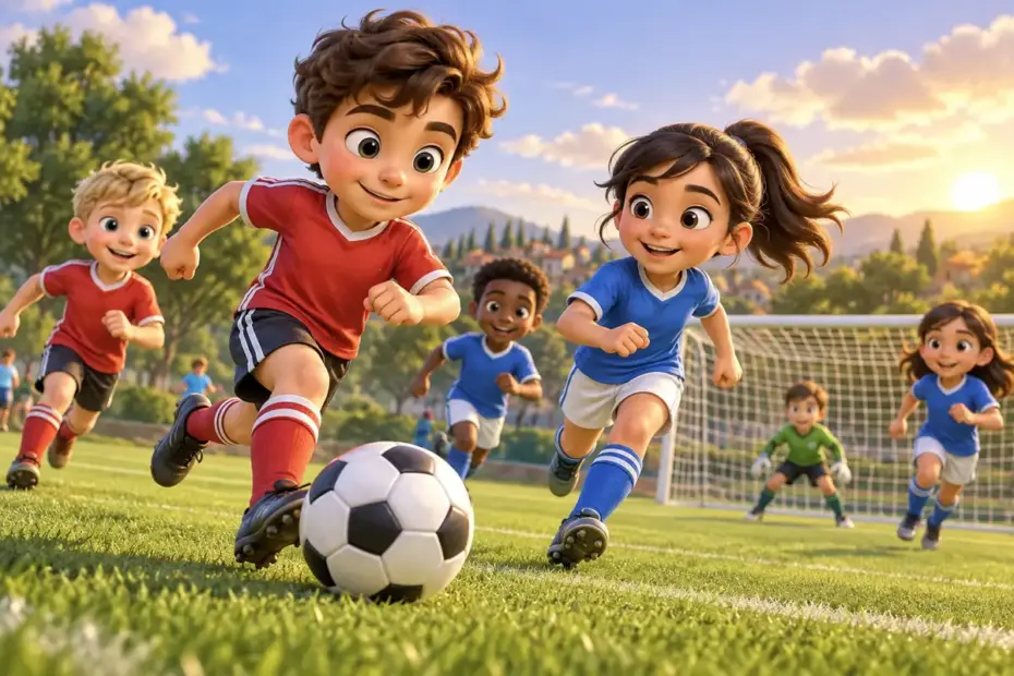 Children play association football on a grassy field.