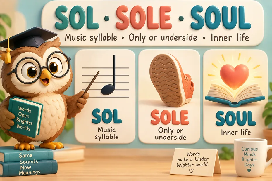 Sol is a music syllable, sole means only or an underside, soul refers to inner life
