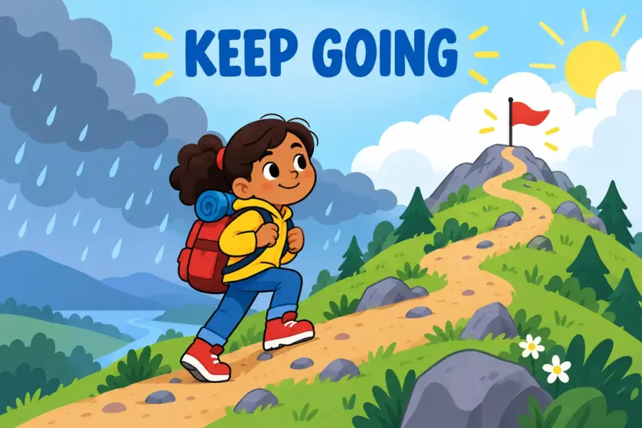 Cartoon child climbs a hill in the rain with a heavy pack, showing what soldier on means in a sentence.