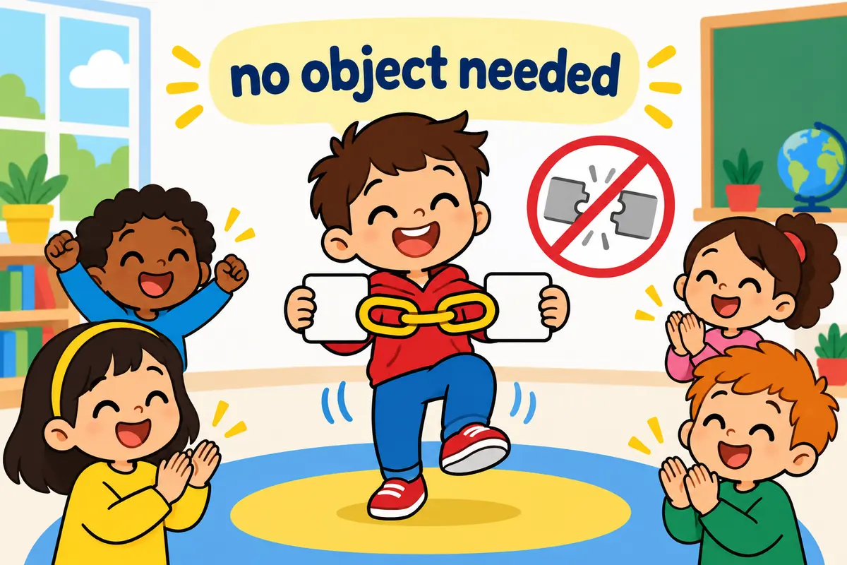 Cartoon child marches forward while an arrow shows the particle on staying locked to the verb.