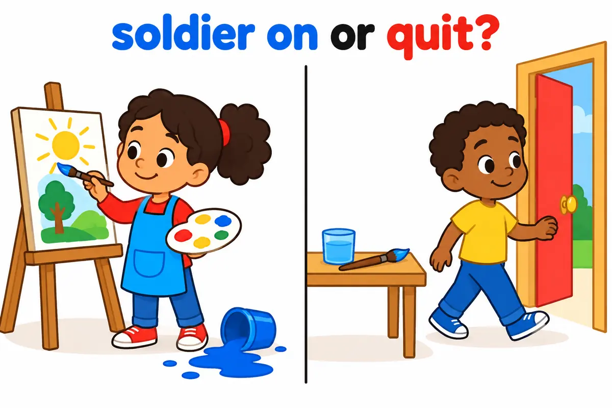 A cartoon split scene contrasts a child still painting through a spill with a child dropping the brush and walking away.
