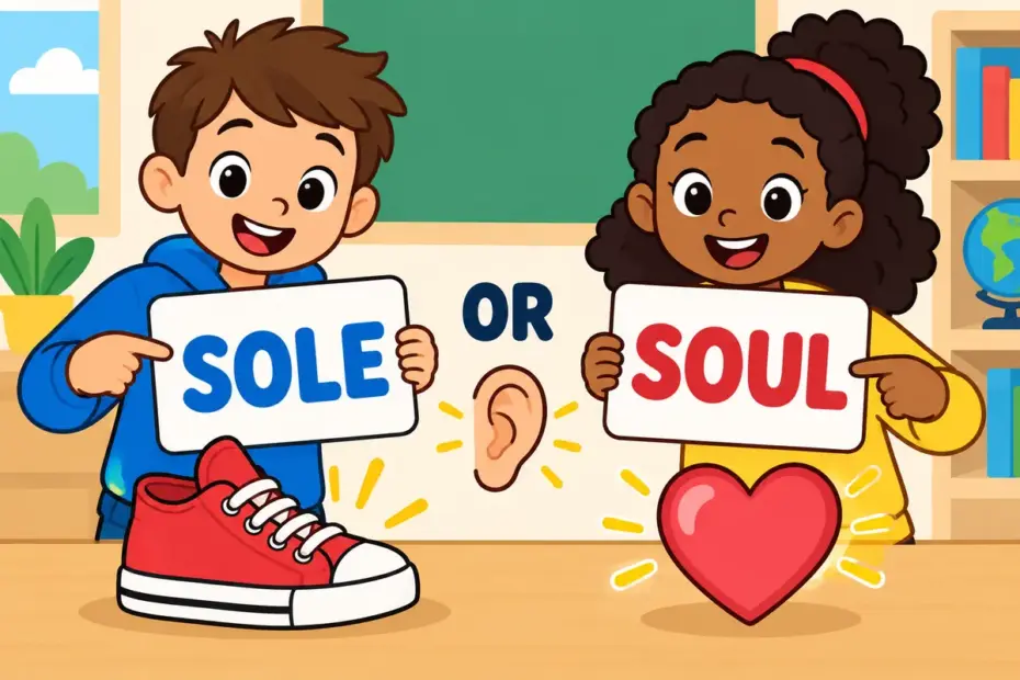 Cartoon children hold two word cards, one for a shoe sole and one for a glowing heart, illustrating sole vs soul as a spelling choice.